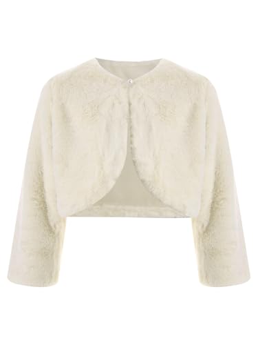 FEESHOW Mädchen Kunstpelz Bolero Jacke Festlich Langarm Warme Jäckchen Für Winter Hochzeit Blumenmädchen Kleid Abendkleid Beige 140-152 von FEESHOW