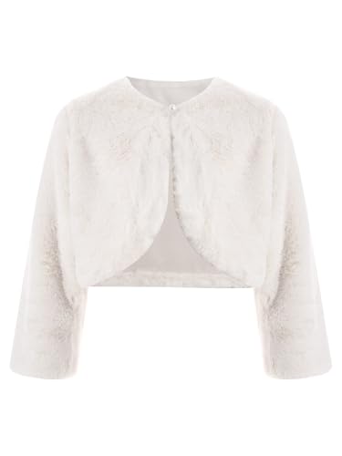 FEESHOW Mädchen Kunstpelz Bolero Jacke Festlich Langarm Warme Jäckchen Für Winter Hochzeit Blumenmädchen Kleid Abendkleid Weiß 140-152 von FEESHOW