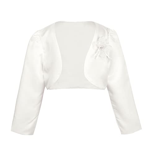 FEESHOW Mädchen Bolero Festlich Langarm Satin Schulterjacke Mit Blumen Zum Taufe Kommunionkleid Elfenbein_A 134-140 von FEESHOW