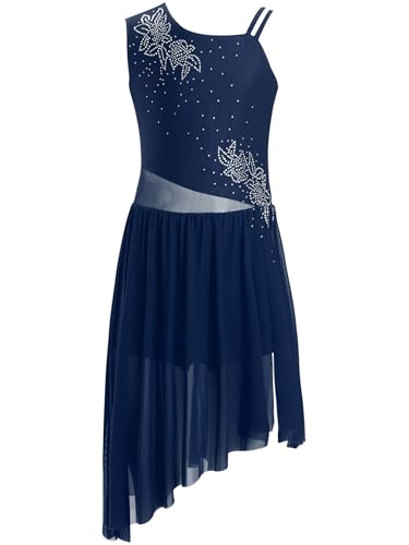 FEESHOW Mädchen Lyrisch Tanzkleid Glitzer EIN-Schulter Ballettkleid Mesh Tanztrikot Mit Strass Contemporary Tanzkleidung Marineblau 158-164 von FEESHOW