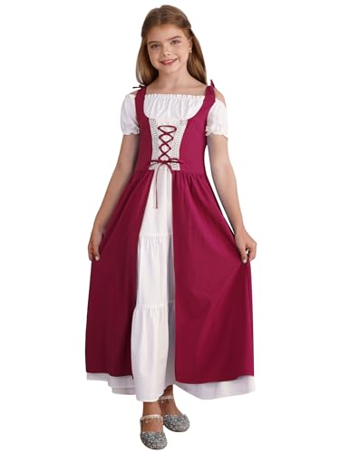 FEESHOW Mädchen Mittelalter Kleid Mittelalterliche Renaissance Prinzessin Kleid Festlich Partykleid Ballkleid Festkleid Abendkleid Tanzkleidung Burgundy_Neu_A 170 von FEESHOW