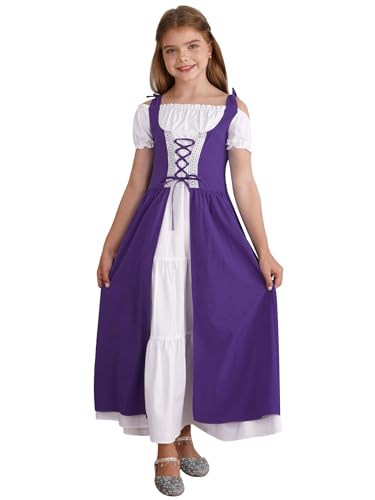 FEESHOW Mädchen Mittelalter Kleid Mittelalterliche Renaissance Prinzessin Kleid Festlich Partykleid Ballkleid Festkleid Abendkleid Tanzkleidung Dunkelviolett_Neu_A 134-140 von FEESHOW