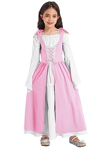 FEESHOW Mädchen Mittelalter Kleid Mittelalterliche Renaissance Prinzessin Kleid Festlich Partykleid Ballkleid Festkleid Abendkleid Tanzkleidung Rosa 122-128/7-8 Jahre von FEESHOW