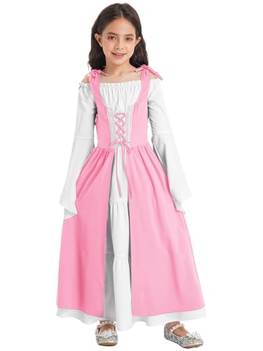 FEESHOW Mädchen Mittelalter Kleid Mittelalterliche Renaissance Prinzessin Kleid Festlich Partykleid Ballkleid Festkleid Abendkleid Tanzkleidung Rosa 122-128/7-8 Jahre von FEESHOW