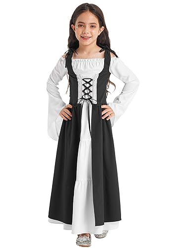 FEESHOW Mädchen Mittelalter Kleid Mittelalterliche Renaissance Prinzessin Kleid Festlich Partykleid Ballkleid Festkleid Abendkleid Tanzkleidung Schwarz 134-140/9-10 Jahre von FEESHOW