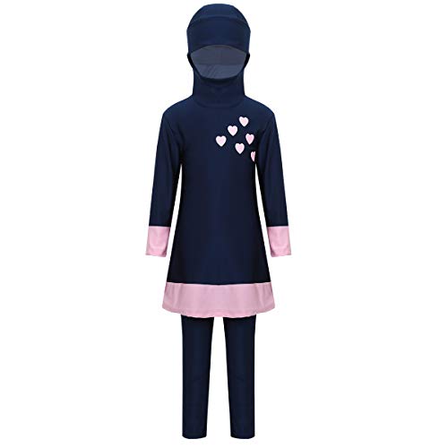 Feeshow Mädchen Muslimische Bademode Kinder Burkini Bescheidenen Islamischen Badeanzug Full Cover Muslim Swimwear kleine Herzen Gedruckt Dunkelblau+Pink 140-152 von FEESHOW