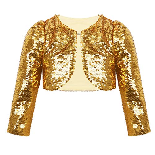 FEESHOW Mädchen Pailletten Bolero Strickjacken Glitzer Kurze Jacke Kinder Langarm Cardigan Top Oberteil für Tanz Party Hochzeit Gold 122-128 von FEESHOW