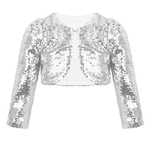 FEESHOW Mädchen Pailletten Bolero Strickjacken Glitzer Kurze Jacke Kinder Langarm Cardigan Top Oberteil für Tanz Party Hochzeit Silber 122-128 von FEESHOW