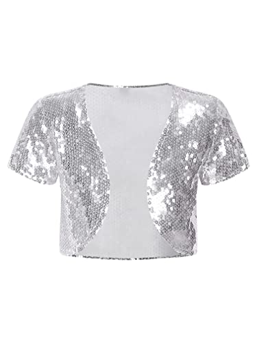 FEESHOW Kinder Mädchen Glitzer Bolero Kurzarm Glänzende Pailletten Jacke Festlich Hochzeit Strickjacke Party Abend Oberteil Silber 140-152 von FEESHOW
