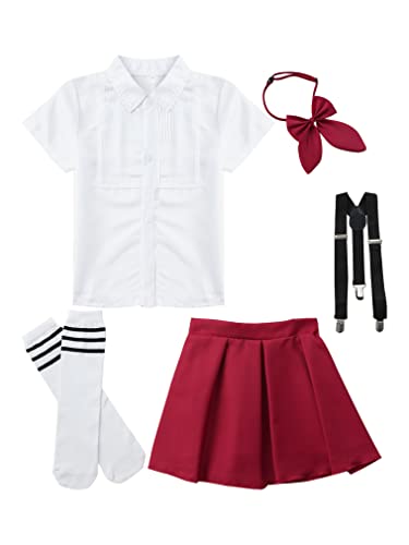 FEESHOW Mädchen Schuluniform Karierter Mini Rock Hemd Krawattenknoten Socken Kinder Festliche Chor Kleidung Party Fasching Outfit Burgundy_G 134-140/9-10 Jahre von FEESHOW