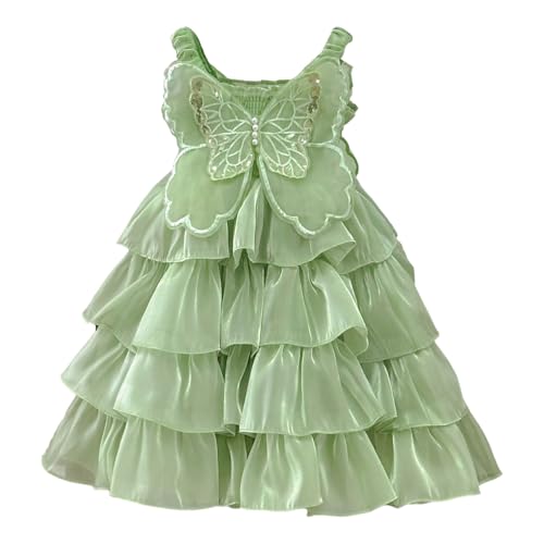 FEESHOW Mädchen Sommerkleid Spaghettiträger Gestuftes Tutu Kleid Mit 3D Schmetterling Party Hochzeit Geburtstagskleid Grün 122-140 von FEESHOW