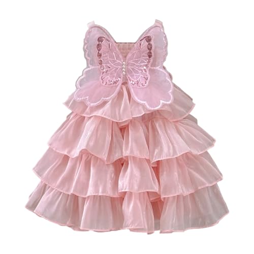FEESHOW Mädchen Sommerkleid Spaghettiträger Gestuftes Tutu Kleid Mit 3D Schmetterling Party Hochzeit Geburtstagskleid Rosa 98-104 von FEESHOW