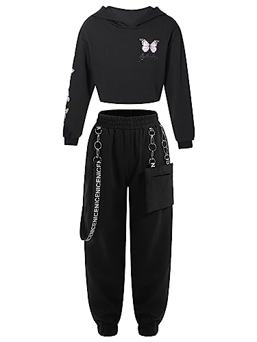 FEESHOW Mädchen Sport Kleidung Jogginganzug Tank Crop Top Hoodie Sweatshirt mit Hose Set Tanz Yoga Training Outfit Freizeitanzug Schwarz_G 134-140 von FEESHOW