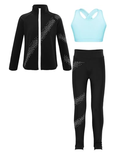 FEESHOW Mädchen Sport Kleidung Set Eiskunstlauf Anzug Sport BH Sport Leggings Sweatjacke Set Kinder Eislaufen Trainingsoutfit Yoga Workout Outfit Hellblau_B 134-140 von FEESHOW