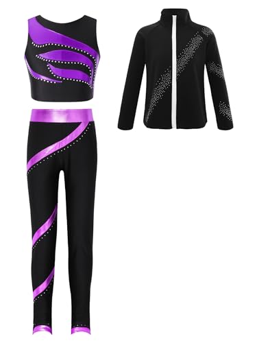 FEESHOW Mädchen Sport Kleidung Set Eiskunstlauf Anzug Sport BH Sport Leggings Sweatjacke Set Kinder Eislaufen Trainingsoutfit Yoga Workout Outfit Violett_C 134-140 von FEESHOW