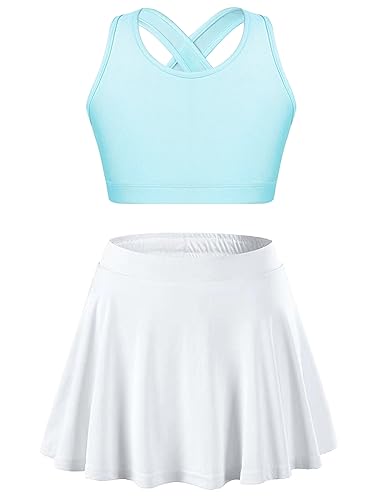 FEESHOW Mädchen Sport Kleidung Set Sport Tennis Skort Outfit Sportrock BH Bustier Crop Top Set Fitness Yoga Laufen Outfit Tanzanzug A_Hellblau&Weiß 134-140 von FEESHOW