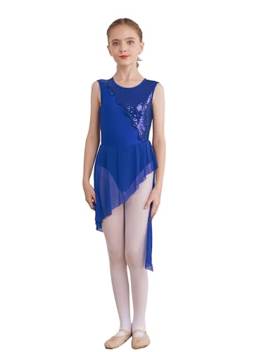 FEESHOW Mädchen Tanzkleid Ärmellos Glitzer Pailletten Ballettkleid Tanztrikot mit asymmetrische Rock Moderne Tanzbekleidung Zeitgenössische Tanzkostüm Königsblau 110-116/5-6 Jahre von FEESHOW