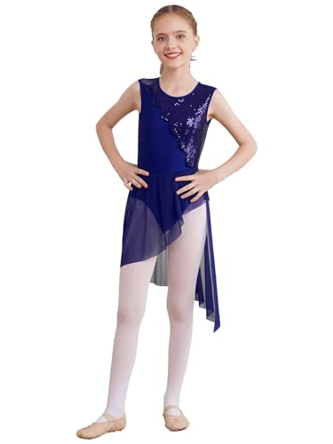 FEESHOW Mädchen Tanzkleid Ärmellos Glitzer Pailletten Ballettkleid Tanztrikot mit asymmetrische Rock Moderne Tanzbekleidung Zeitgenössische Tanzkostüm Marineblau 134-140 von FEESHOW