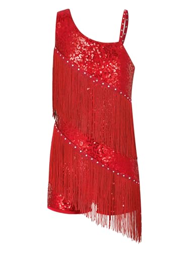 FEESHOW Mädchen Tanzkleid Latein Kleid Troddel Pailletten Gesellschaftstanz Kleider Tango Ballsaal Tanzkostüme Dancewear Rot_D 170-176 von FEESHOW