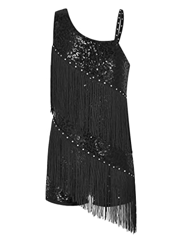 FEESHOW Mädchen Tanzkleid Latein Kleid Troddel Pailletten Gesellschaftstanz Kleider Tango Ballsaal Tanzkostüme Dancewear Schwarz_D 122-128/7-8 Jahre von FEESHOW