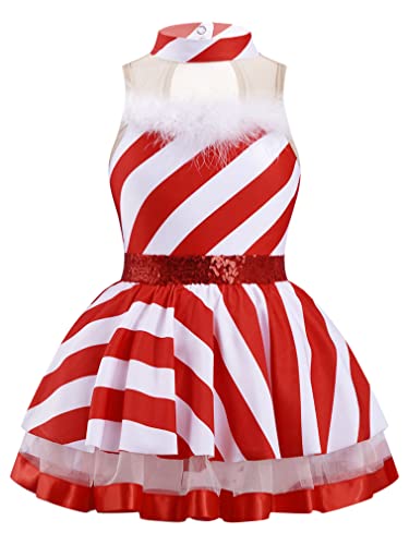 FEESHOW Mädchen Tanzkleid Weihnachten Kleider Tutu Tanz Ballett Trikot Weihnachts Zuckerstangen X-Mas Partykleid Festkleid Christmas Perfomance Outfit C_Rot 170-176/15-16 Jahre von FEESHOW
