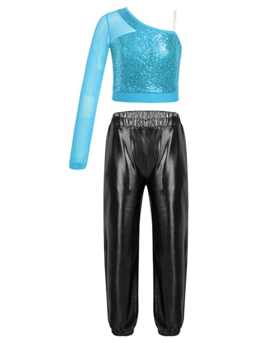 FEESHOW Mädchen Trainingsanzüge Kinder Hip Hop Jazz Tanz Kleidung Glänzend Metallic T-Shirt Trainingshose Leggings Karneval Party Outfit Hellblau&Schwarz_A 134-140 von FEESHOW