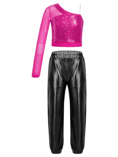 FEESHOW Mädchen Trainingsanzüge Kinder Hip Hop Jazz Tanz Kleidung Glänzend Metallic T-Shirt Trainingshose Leggings Karneval Party Outfit Hotpink&Schwarz_A 134-140 von FEESHOW