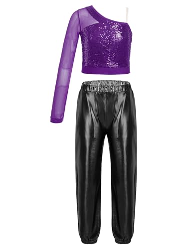 FEESHOW Mädchen Trainingsanzüge Kinder Hip Hop Jazz Tanz Kleidung Glänzend Metallic T-Shirt Trainingshose Leggings Karneval Party Outfit Lila&Schwarz_A 122-128 von FEESHOW