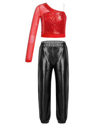 FEESHOW Mädchen Trainingsanzüge Kinder Hip Hop Jazz Tanz Kleidung Glänzend Metallic T-Shirt Trainingshose Leggings Karneval Party Outfit Rot&Schwarz_A 158-164 von FEESHOW