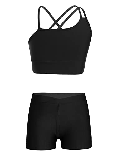 FEESHOW Mädchen Trainingsanzüge Sport Bustier Crop Tank Top Kurze Hose set Ballett Tanzbekleidung set Yoga Sport Radfahren Outfit D_Schwarz 158-164/13-14 Jahre von FEESHOW