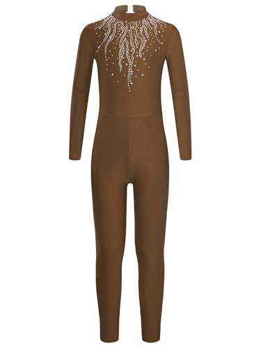 FEESHOW Mädchen Turnanzug Ganzkörper Langarm Glitzer Gymnastik Ballett Body Mit Strass Kinder Jumpsuit Einteilige Tanzkleidung Braun 146-152 von FEESHOW