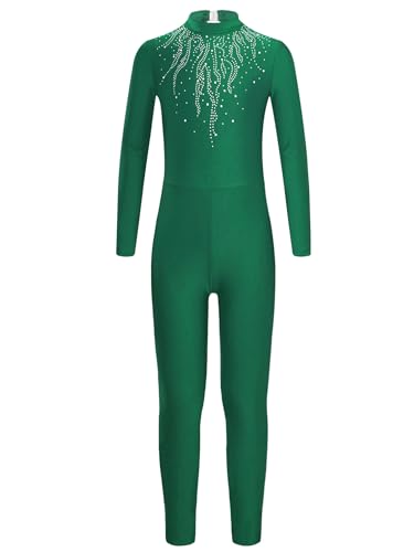 FEESHOW Mädchen Turnanzug Ganzkörper Langarm Glitzer Gymnastik Ballett Body Mit Strass Kinder Jumpsuit Einteilige Tanzkleidung Grün 158-164 von FEESHOW