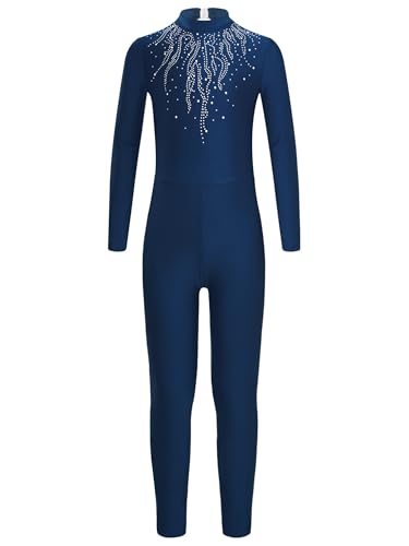 FEESHOW Mädchen Turnanzug Ganzkörper Langarm Glitzer Gymnastik Ballett Body Mit Strass Kinder Jumpsuit Einteilige Tanzkleidung Marineblau 122-128 von FEESHOW