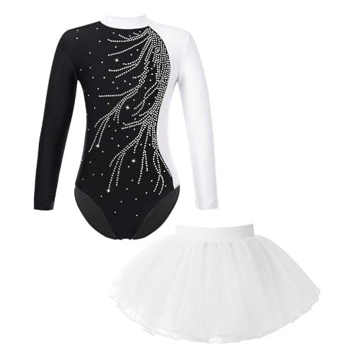 FEESHOW Mädchen Turnanzug Gymnastik Leotards Set mit Rock Metallic Tanz Ballettbody Tütü Rock Ballettkleidung Tanz Outfit Ballerina Kostüm A_Weiß 134-140/9-10 Jahre von FEESHOW