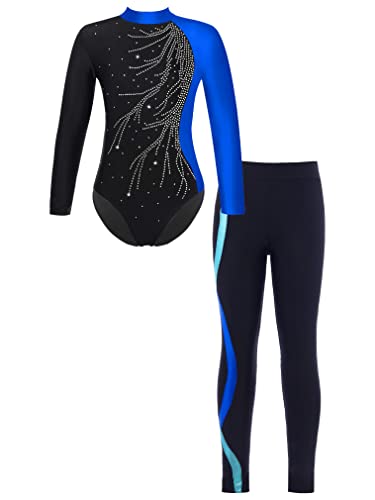 FEESHOW Mädchen Turnanzug Langarm Gymnastikbody Tanz Ballett Leotard Strumpfhose Sportanzug Leggings Bodysuit Set Wettkampf Tanzkleidung D_Blau 146-152/11-12 Jahre von FEESHOW