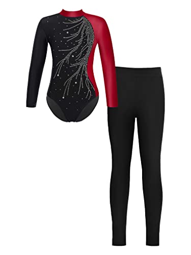 FEESHOW Mädchen Turnanzug Langarm Gymnastikbody Tanz Ballett Leotard Strumpfhose Sportanzug Leggings Bodysuit Set Wettkampf Tanzkleidung F_Burgundy&Schwarz 158-164/13-14 Jahre von FEESHOW