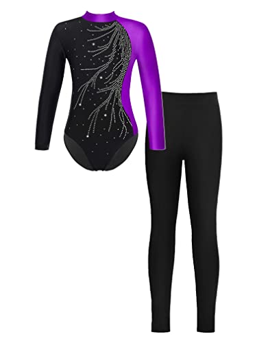 FEESHOW Mädchen Turnanzug Langarm Gymnastikbody Tanz Ballett Leotard Strumpfhose Sportanzug Leggings Bodysuit Set Wettkampf Tanzkleidung F_Lila&Schwarz 170-176/15-16 Jahre von FEESHOW