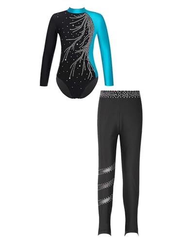 FEESHOW Mädchen Turnanzug Langarm Gymnastikbody Tanz Ballett Leotard Strumpfhose Sportanzug Leggings Bodysuit Set Wettkampf Tanzkleidung K_Blaugrün&Schwarz 146-152 von FEESHOW