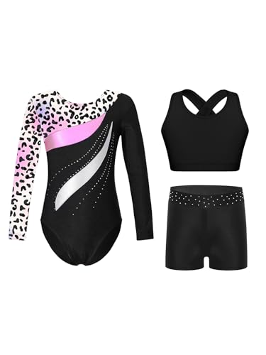 FEESHOW Mädchen Turnanzug Langarm Mit Kurzer Hose Glitzer Gymnastikbody Und Shorts Cropped Tank Top Set Kinder Wettkampf Tanzkleidung Leopard&Bunt 134-140 von FEESHOW