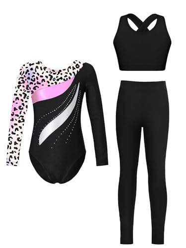 FEESHOW Mädchen Turnanzug Langarm Mit Langer Hose Langarm Patchwork Trikot Crop Tank Top Und Leggings 3er Kinder Tanzkleidung Leopard-bunt 134-140 von FEESHOW