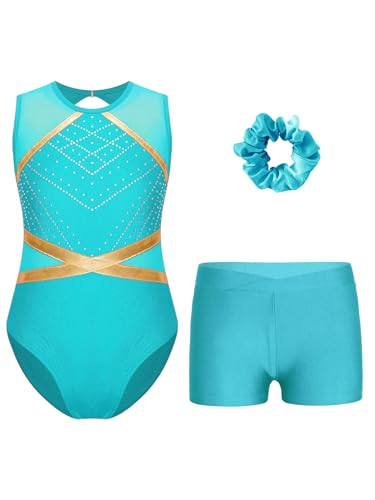 FEESHOW Mädchen Turnanzug Mit Kurze Hose Haarband Set Glitzer Gymnastikanzug ärmellose Netz Patchwork Trikot Ballett Wettkampf Tanzkleidung Blaugrün 122-128 von FEESHOW