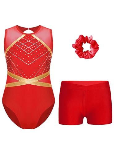 FEESHOW Mädchen Turnanzug Mit Kurze Hose Haarband Set Glitzer Gymnastikanzug ärmellose Netz Patchwork Trikot Ballett Wettkampf Tanzkleidung Rot 134-140 von FEESHOW