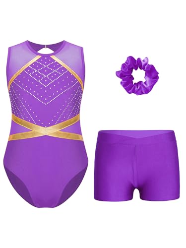 FEESHOW Mädchen Turnanzug Mit Kurze Hose Haarband Set Glitzer Gymnastikanzug ärmellose Netz Patchwork Trikot Ballett Wettkampf Tanzkleidung Violett 158-164 von FEESHOW
