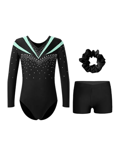 FEESHOW Mädchen Turnanzug Mit Shorts Glitzer Gymnastikbody Langarm Ballett Leotard Tanz Shorts Haargummi Set Wettkampf Tanzkleidung Hellgrün 146-152 von FEESHOW