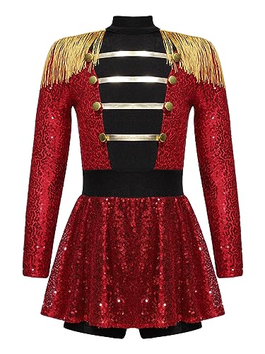 FEESHOW Mädchen Zirkusdirektorin Zirkus Outfit Glitzer Tanzkleid Langarm Pailletten Tanztrikot Kinder Halloween Fasching Party Tanzkleidung Rot_I 158-164 von FEESHOW