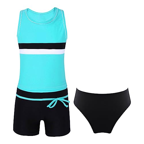 FEESHOW Mädchen Zweiteiler Badeanzug Tankini Oberteil Tankini Hose Set Kinder Schwimmanzug Spotlich Badekleidung Blaugrün&Schwarz_D 158-164 von FEESHOW