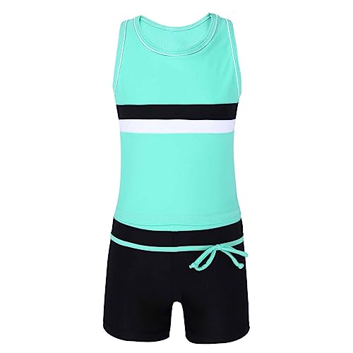 FEESHOW Mädchen Zweiteiler Badeanzug Tankini Oberteil Tankini Hose Set Kinder Schwimmanzug Spotlich Badekleidung Minzgrün 146-152 von FEESHOW