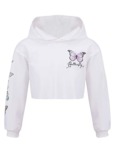 FEESHOW Teenager Kinder Mädchen Sweatshirt Mode Gedruckte Hoodie Bauchfrei Kapuze Pullover Tops Casual Sport Oberteile Weiß 122-128/7-8 Jahre von FEESHOW