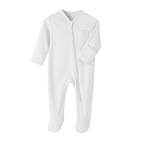 FEESHOW Unisex Baby Schlafanzug Langarm Strampler Jumpsuit mit Fuß Baumwolle Schlafsack mit Beinen Herbst Winter Wärmer Kleidung Weiß B 62-68/3-6 Monate von FEESHOW