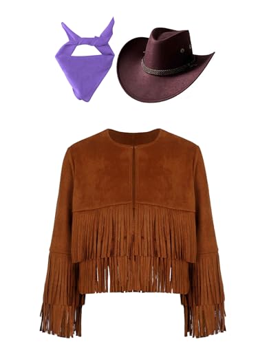FEESHOW Unisex Kinder Cowboy Set Cowgirl Cowboy Hut Fransen Jacke Und Bandana Kinder Wildwest Outfit Halloween Fasching Party Verkleidung Braun&Lila 122-128 von FEESHOW